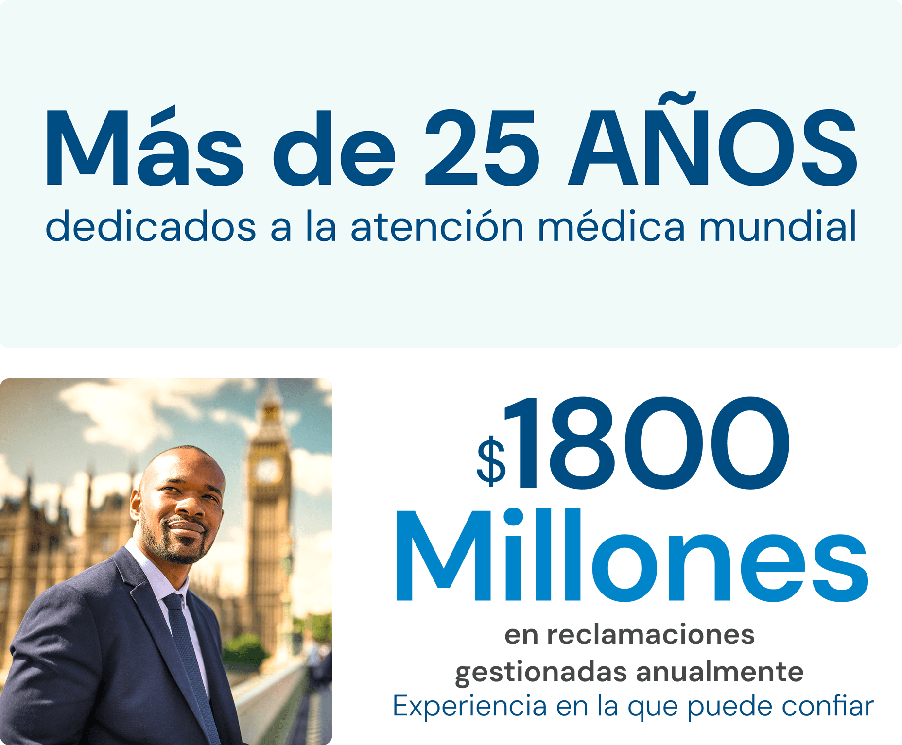 Gráfico con estadísticas que dicen más de 25 años dedicados a la atención médica global, 1.4 mil millones de dólares en reclamaciones gestionadas anualmente, respaldadas por experiencia en la que puede confiar