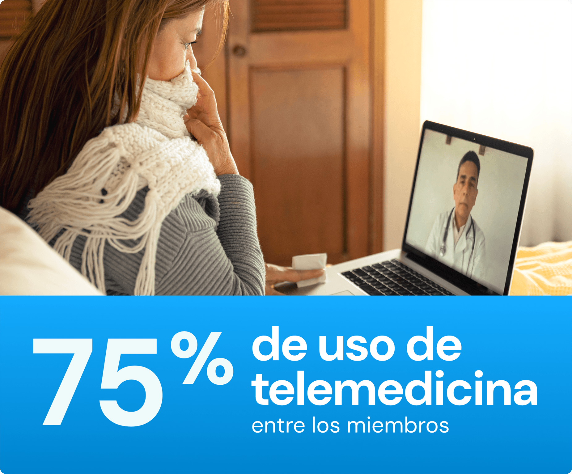 Gráfico con estadísticas que dicen 75% de utilización de la telemedicina entre los asegurados